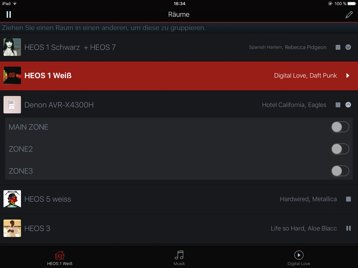 Ein Blick in unsere HEOS App: Verschiedene HEOS Lautsprecher und ein AVR-X4300H sind aktuell eingebunden